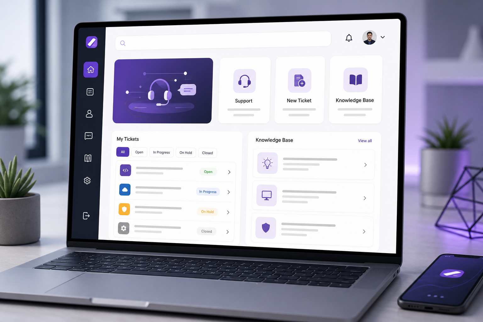Portal digital moderno para clientes con módulos de soporte y autoservicio
