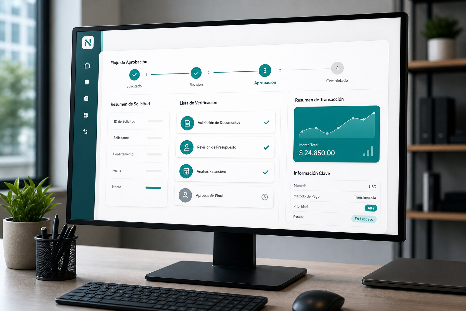 Interfaz de sistema financiero con módulos de automatización y flujo de aprobaciones