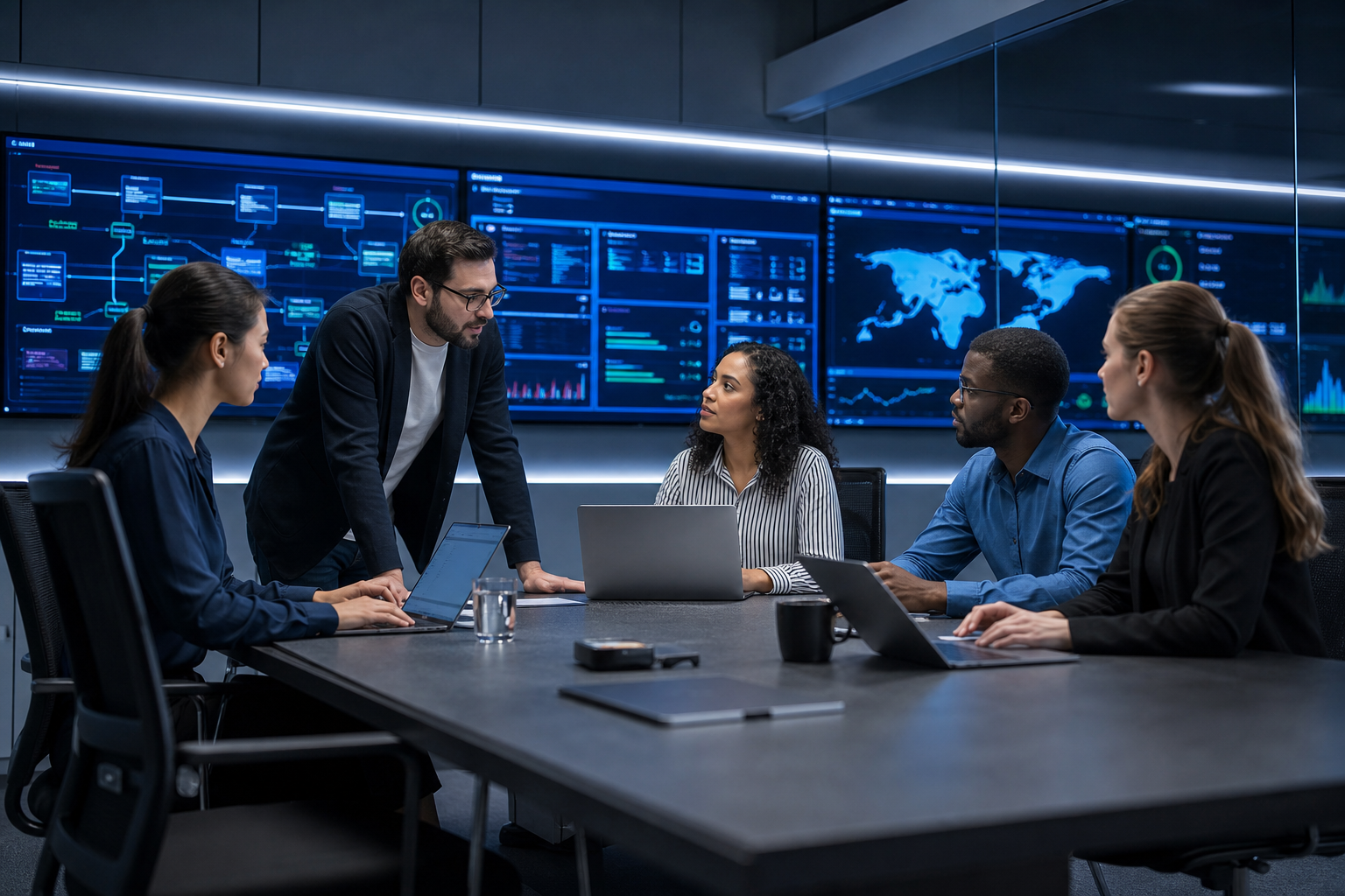 Equipo profesional revisando paneles de datos y arquitectura tecnológica en una sala moderna con pantallas