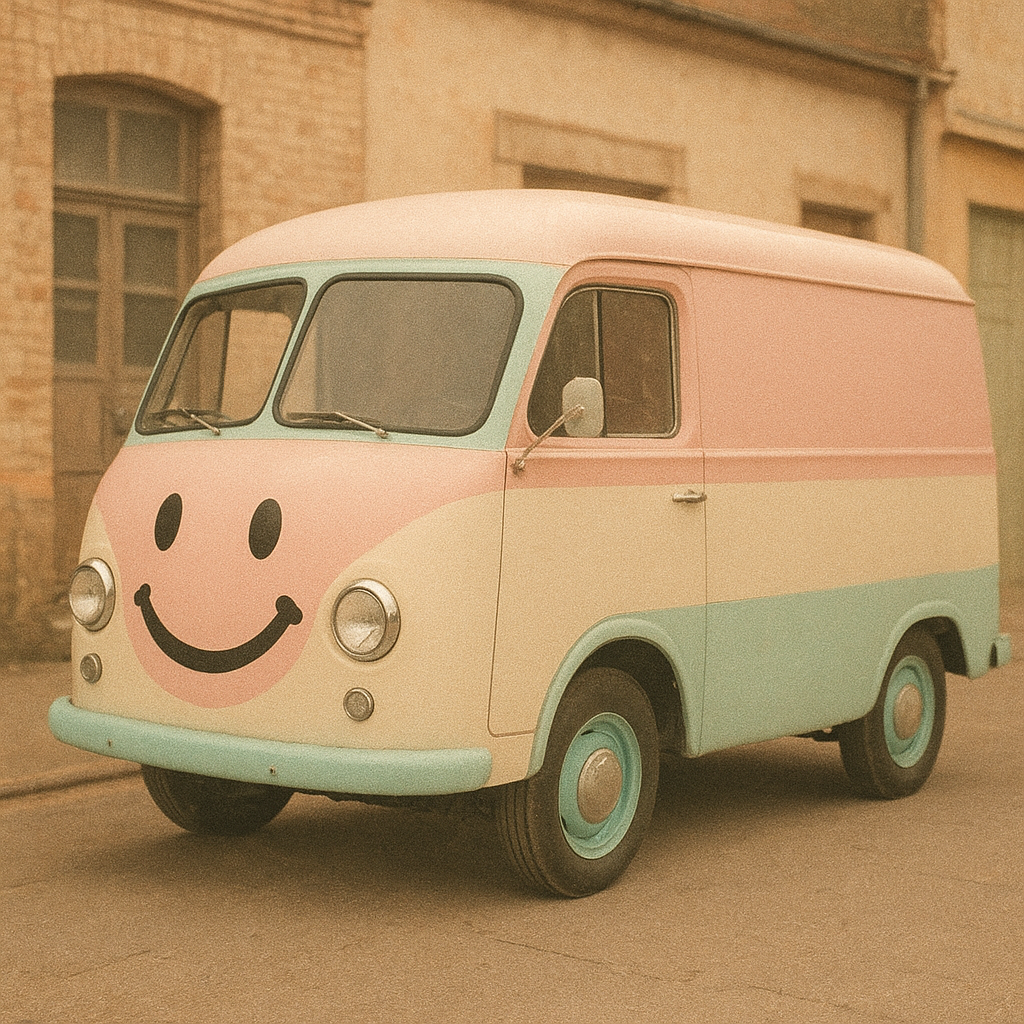 Retro delivery van with pastel colors and a smiley face