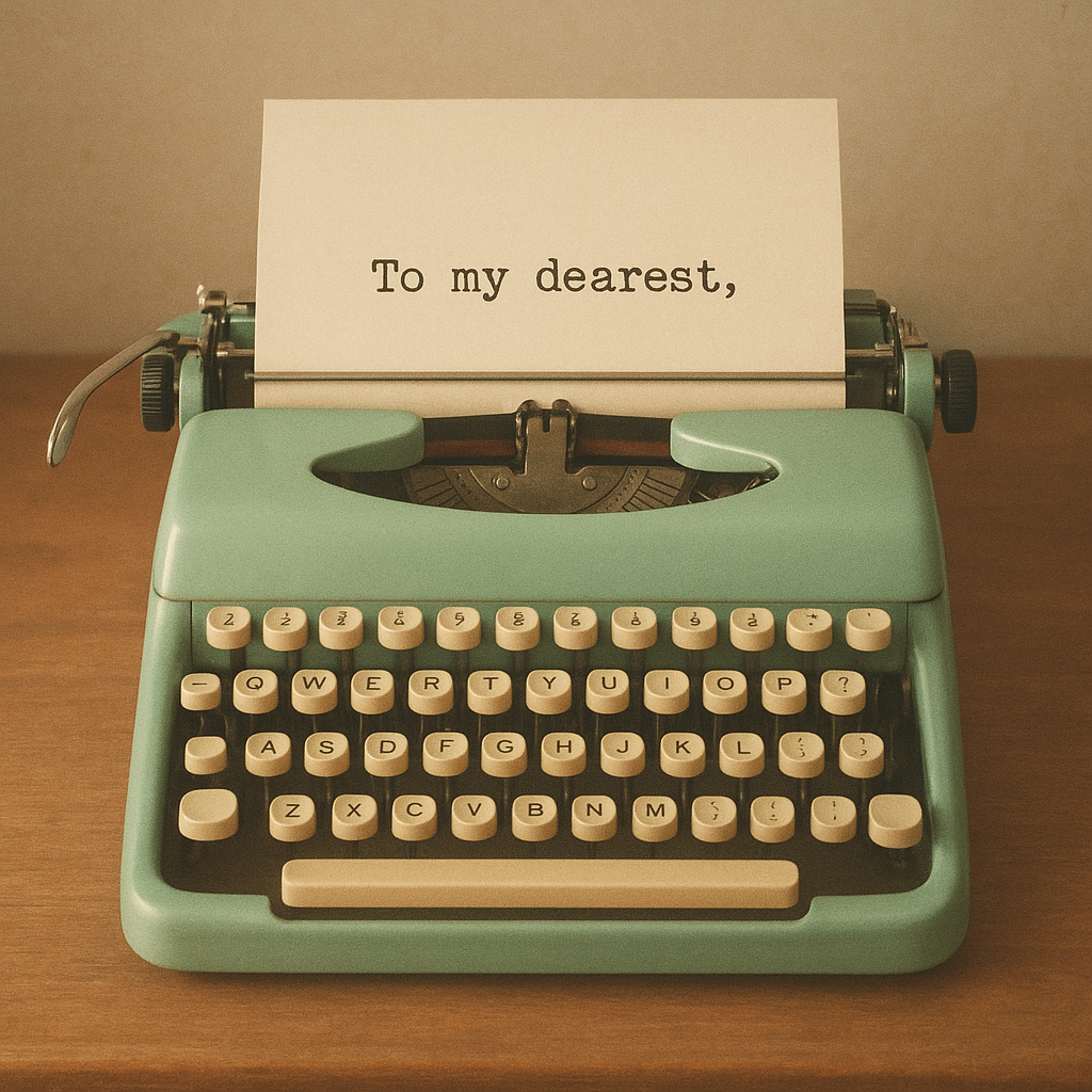 Pastel retro typewriter on a wooden desk with a message sheet