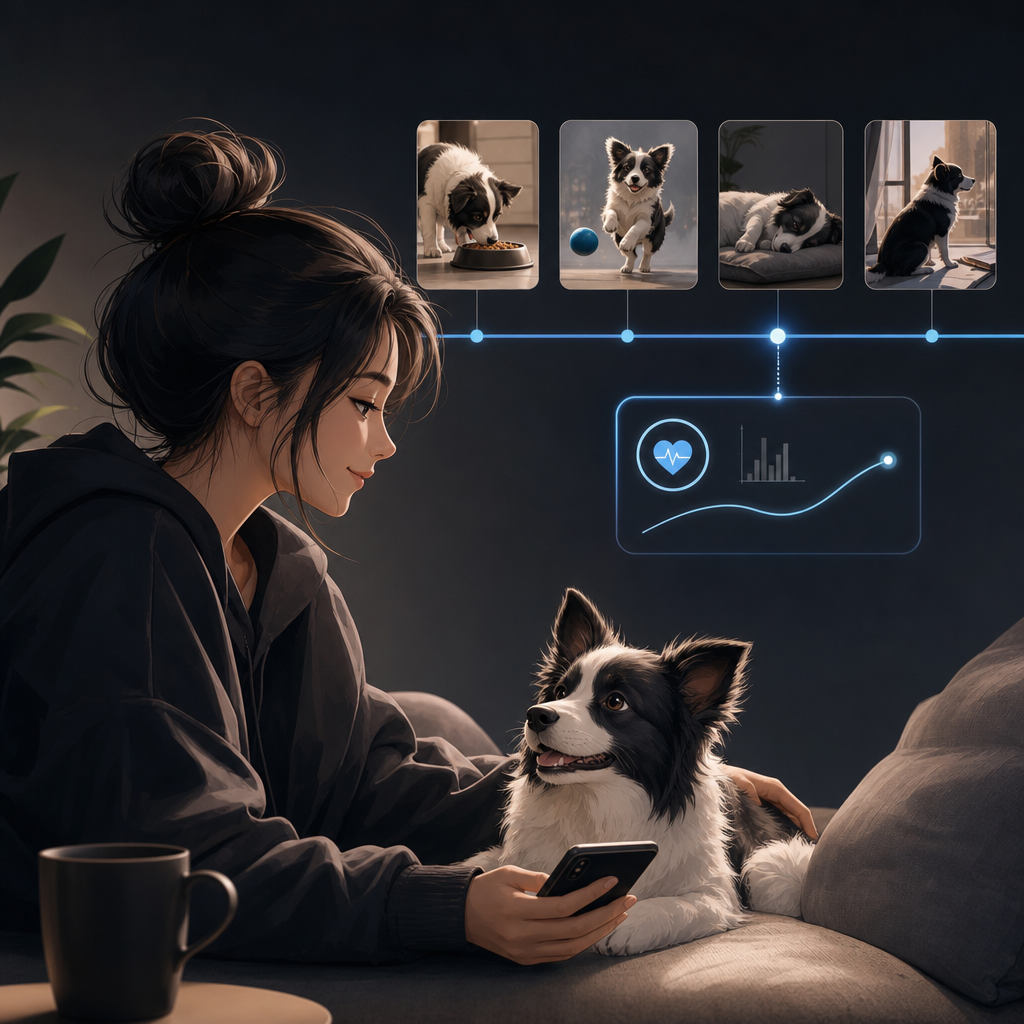 Futuristic pet memory timeline with glowing data nodes and a soft blue holographic pet silhouette