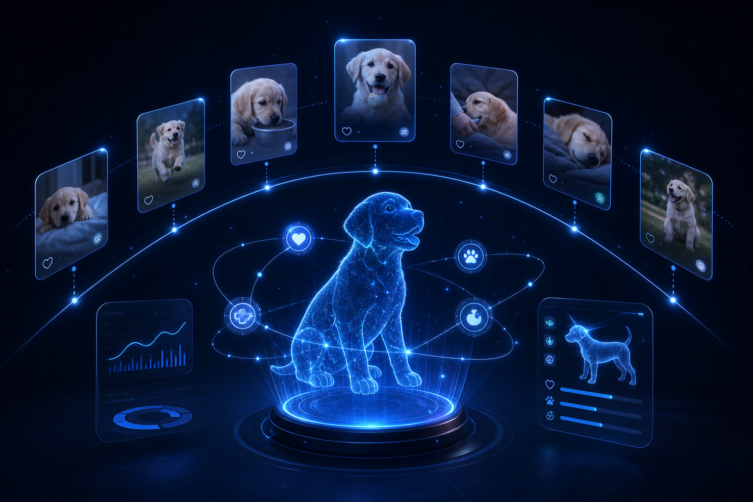 Futuristic pet memory timeline with glowing data nodes and a soft blue holographic pet silhouette