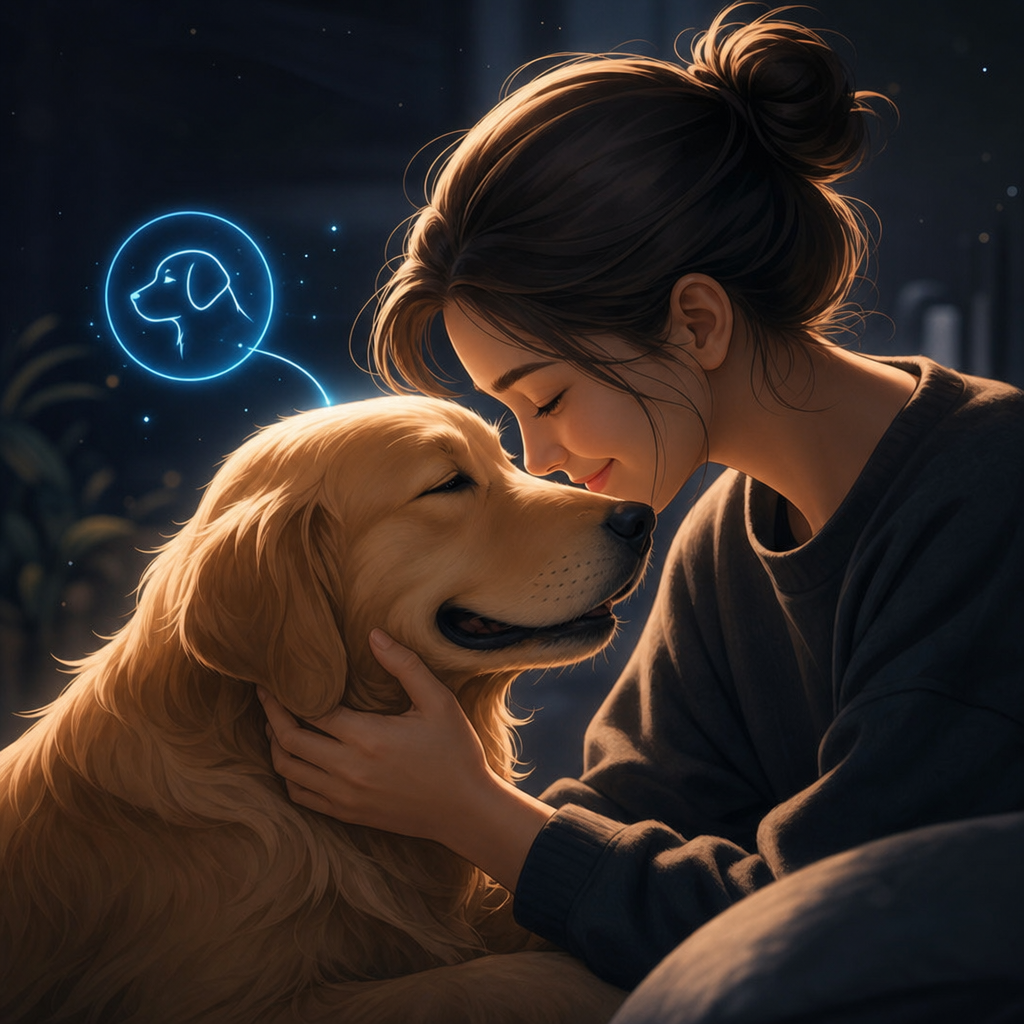 A warm, futuristic scene of a hand and paw meeting with a subtle AI interface glow