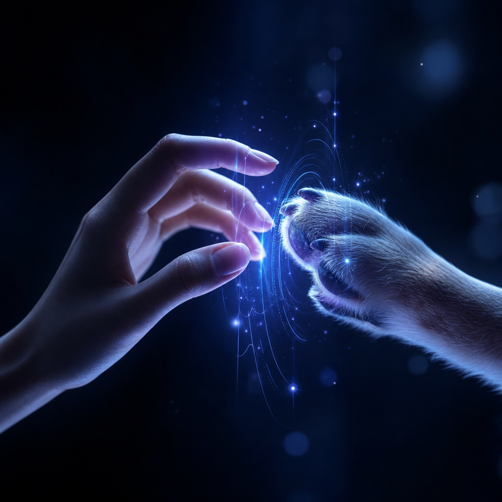 A warm, futuristic scene of a hand and paw meeting with a subtle AI interface glow