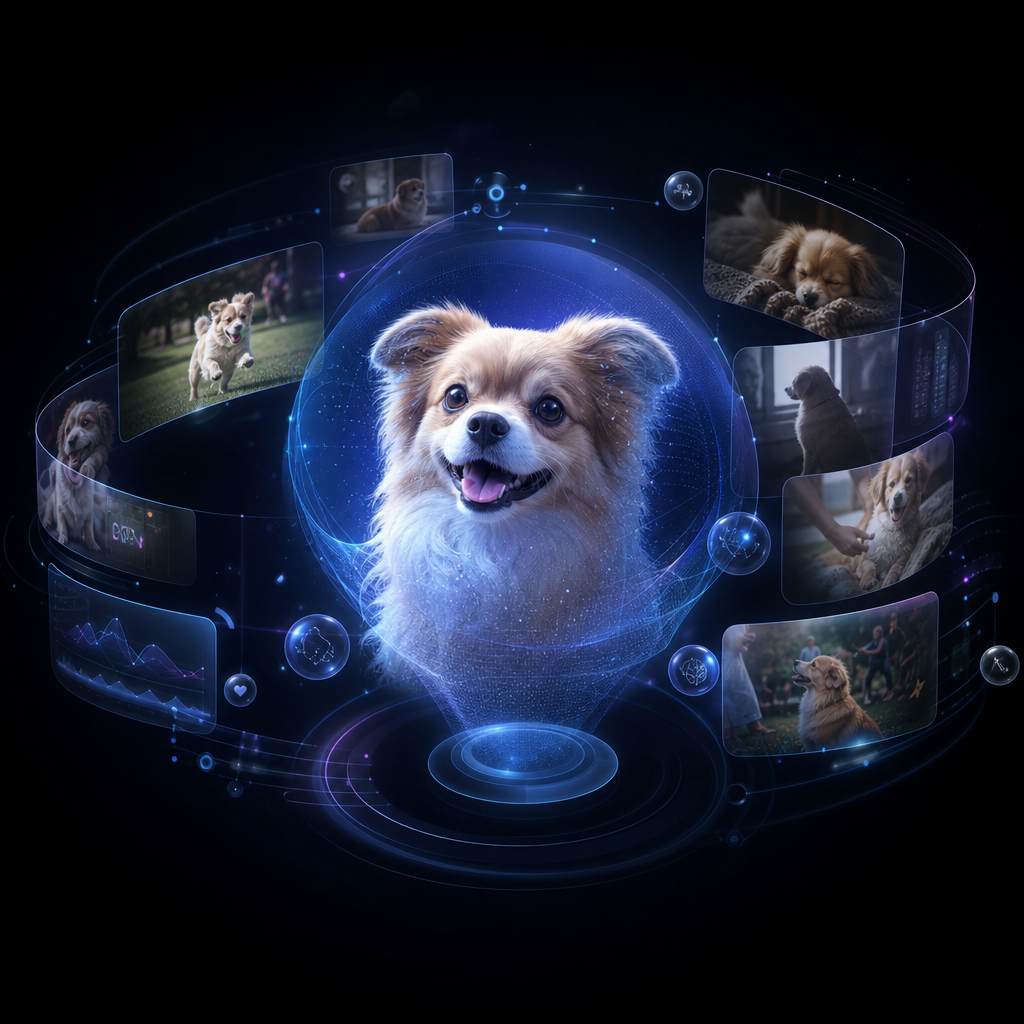Abstract AI life archive interface showing layered memory streams and soft blue data trails