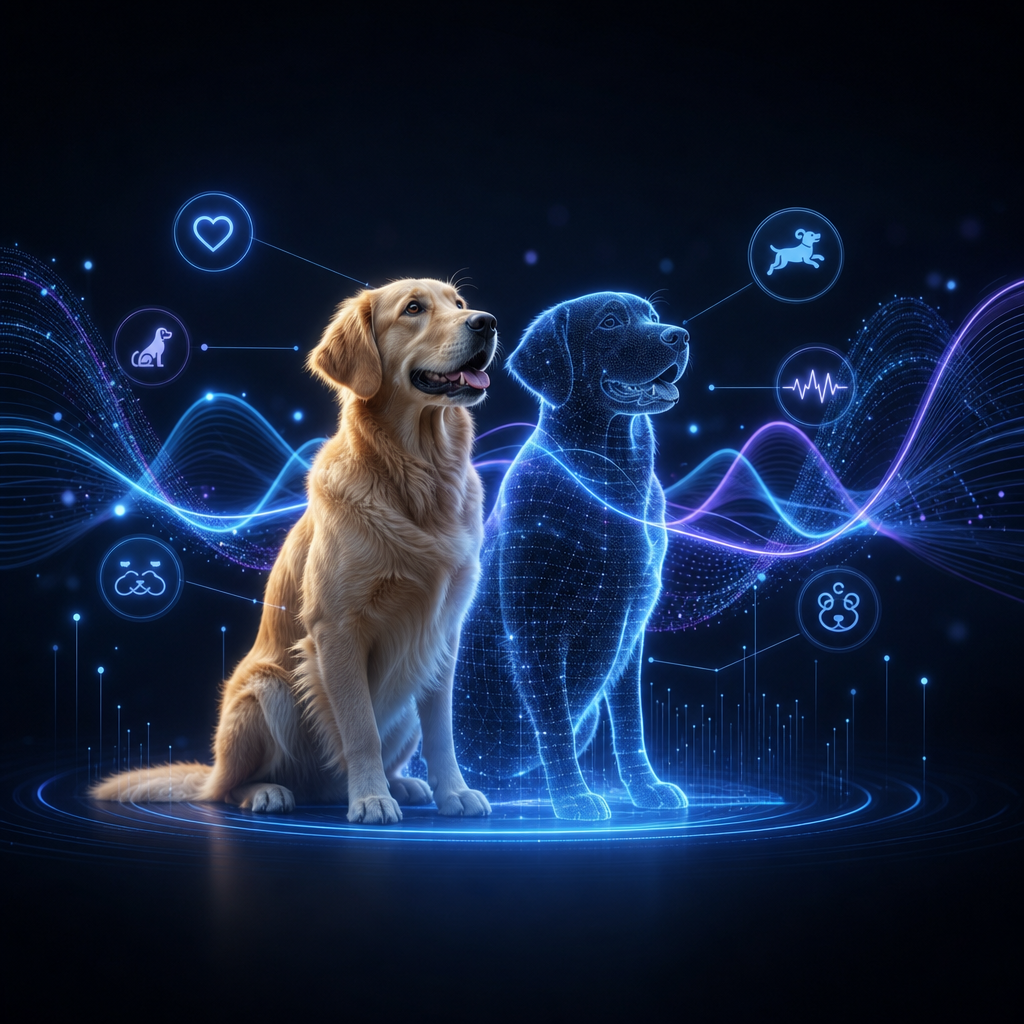 Minimal behavioral analysis display with waveform patterns, icons, and data nodes in blue light