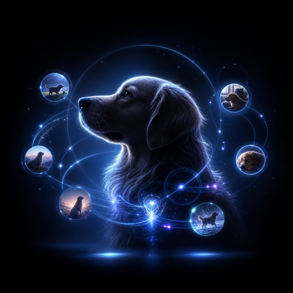 Futuristic interface glow with a pet silhouette and data arcs