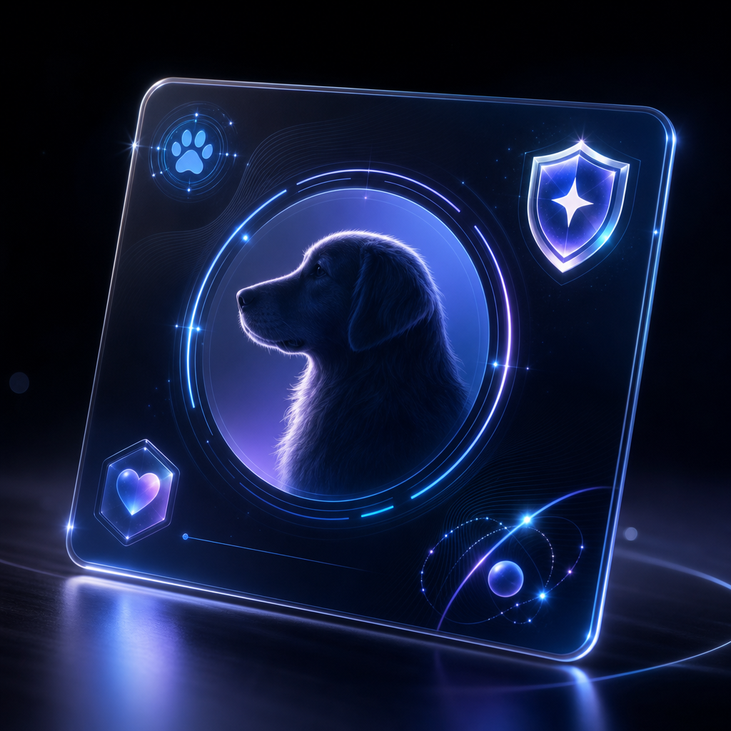 Clean digital identity card interface with pet profile silhouette, data rings, and secure badge glow