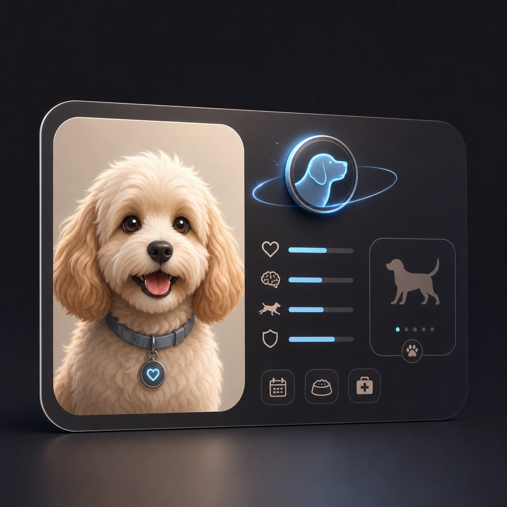 Clean digital identity card interface with pet profile silhouette, data rings, and secure badge glow