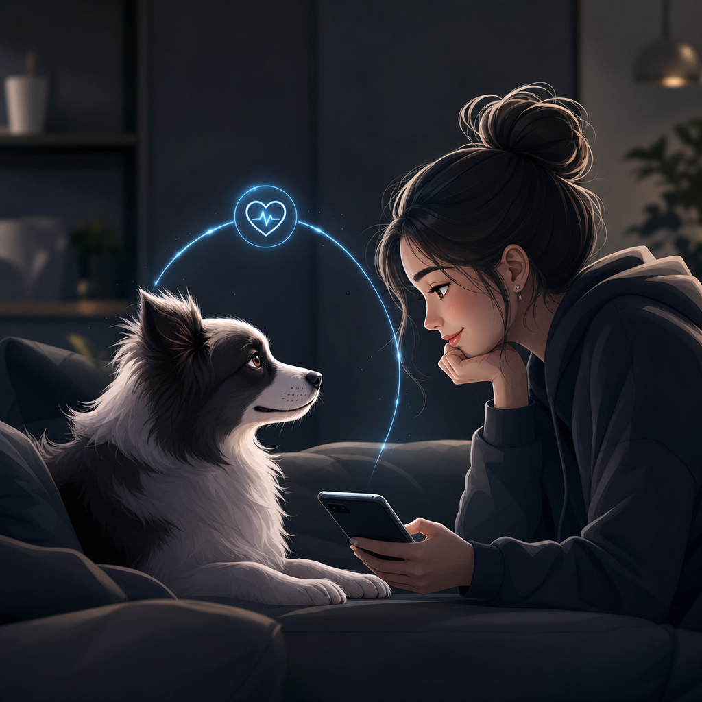 Soft glowing emotive waveform with calm, joy, and stress markers in a futuristic UI
