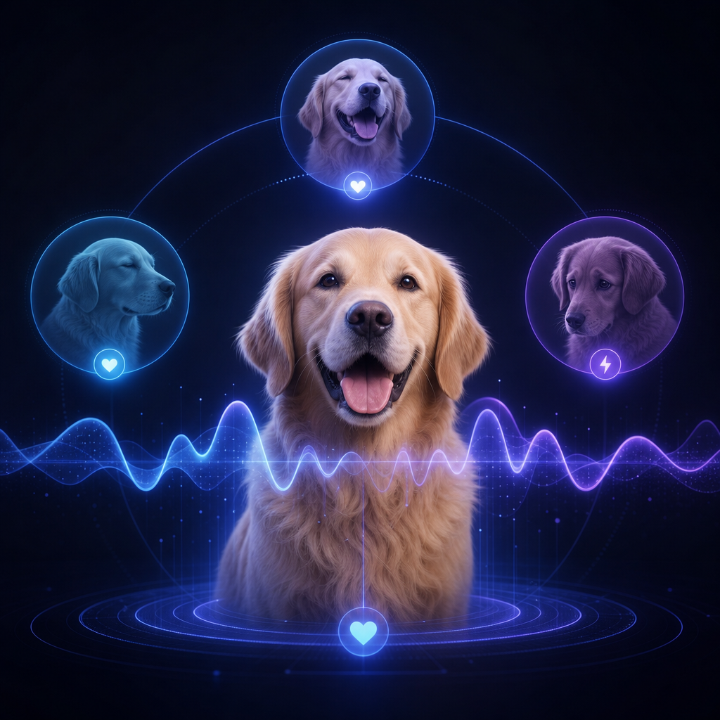 Soft glowing emotive waveform with calm, joy, and stress markers in a futuristic UI