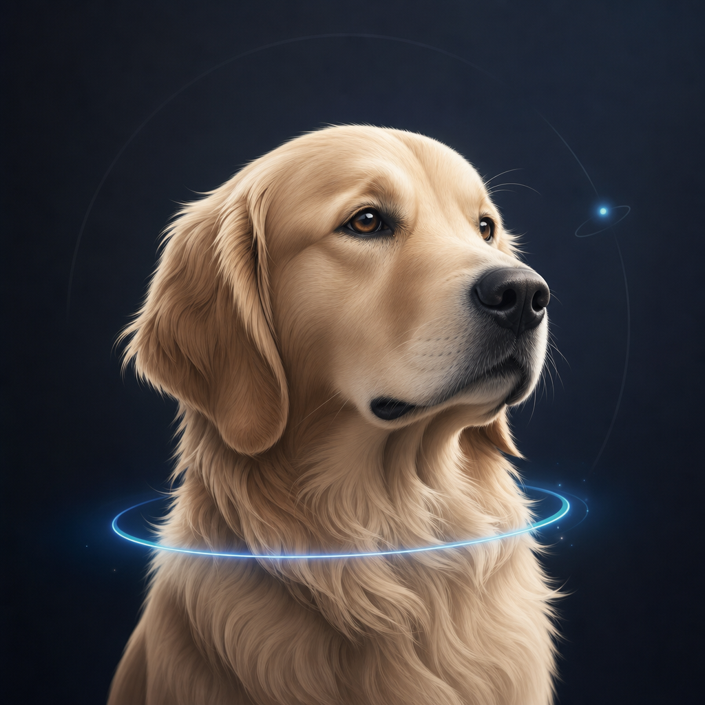 Abstract digital portrait of a pet made of holographic lines and soft blue glow