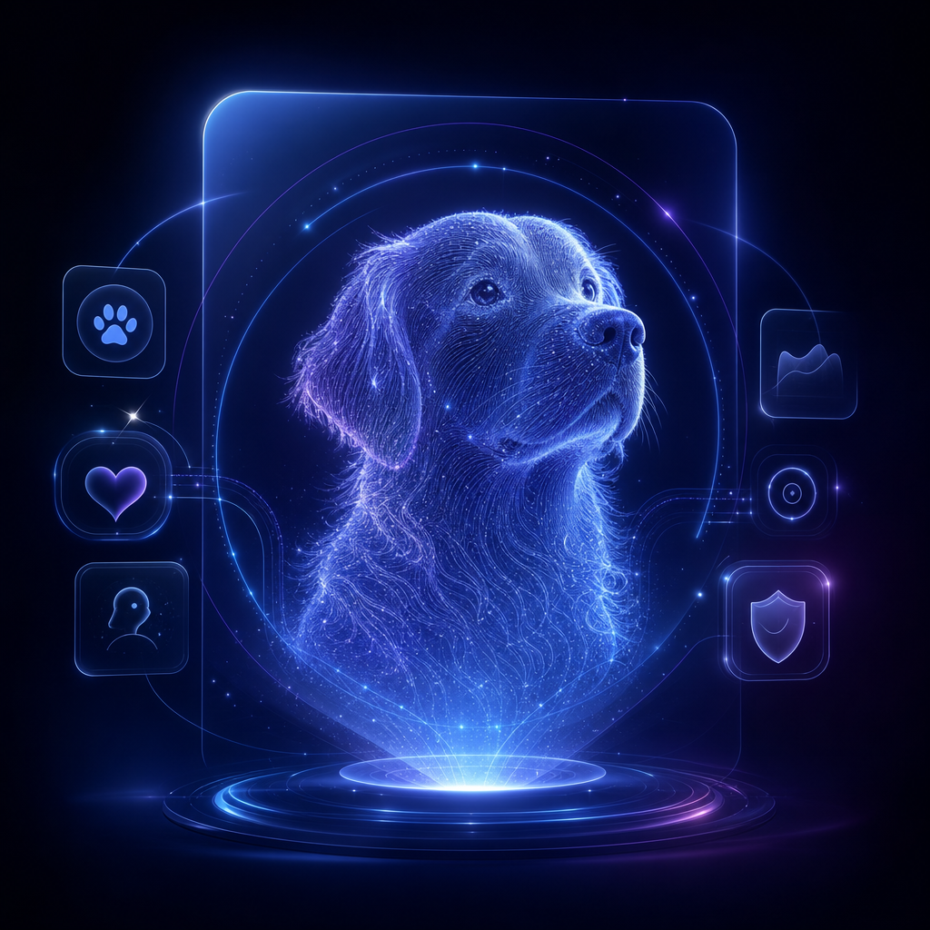 Abstract digital portrait of a pet made of holographic lines and soft blue glow
