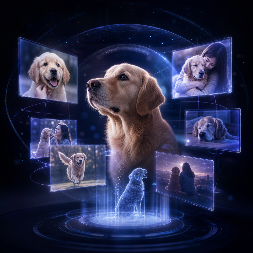 Conceptual scene of a pet memory archive glowing with soft blue light, showing layered photo-like memories and a gentle digital aura symbolizing identity and emotional continuity