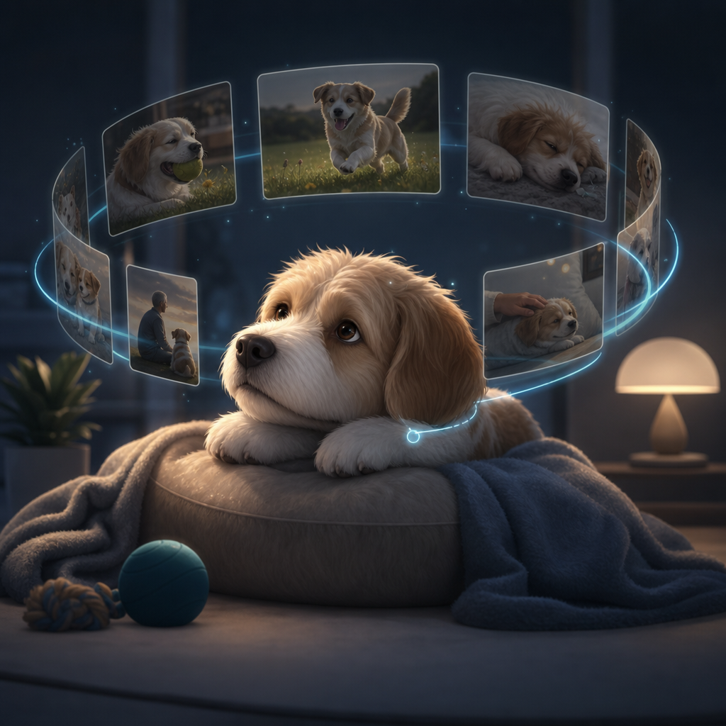 Conceptual scene of a pet memory archive glowing with soft blue light, showing layered photo-like memories and a gentle digital aura symbolizing identity and emotional continuity