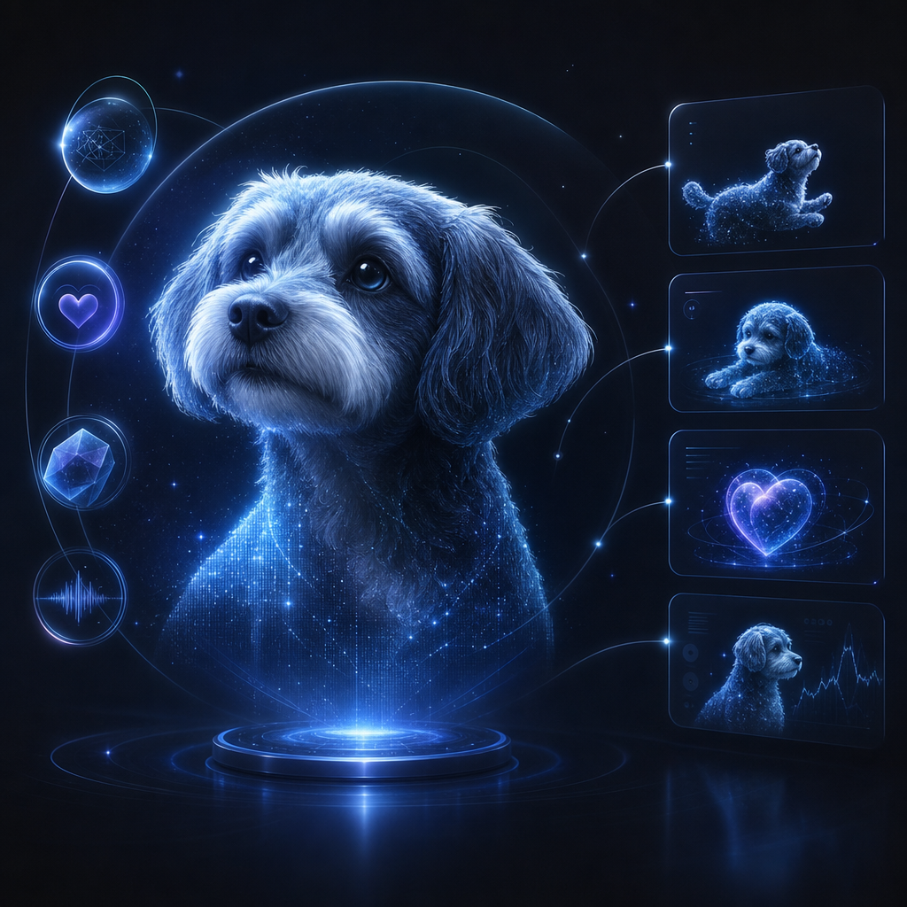 A holographic pet portrait card paired with a sleek AI companion identity panel