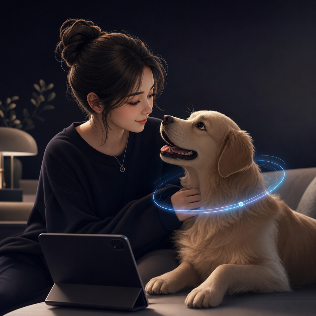 A holographic pet portrait card paired with a sleek AI companion identity panel