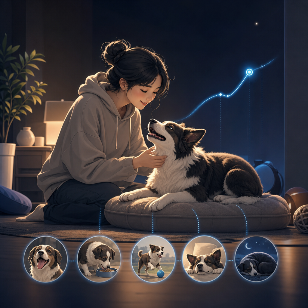 Minimal dark dashboard showing pet behavior waveforms and glowing trend lines