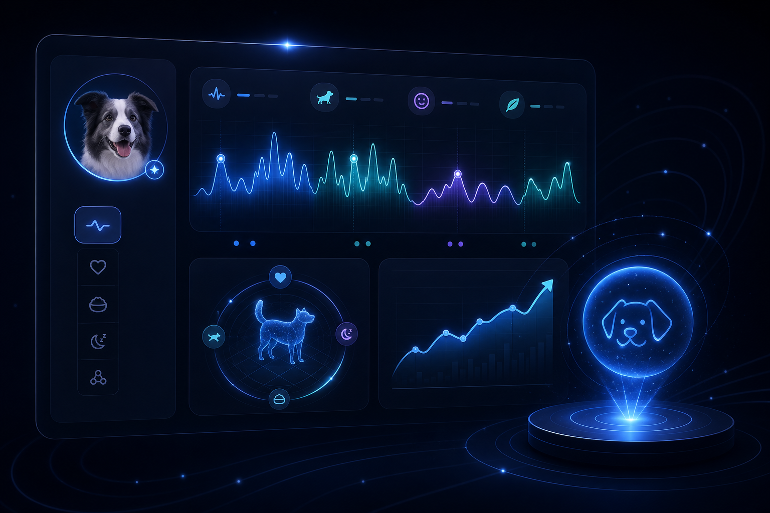 Minimal dark dashboard showing pet behavior waveforms and glowing trend lines