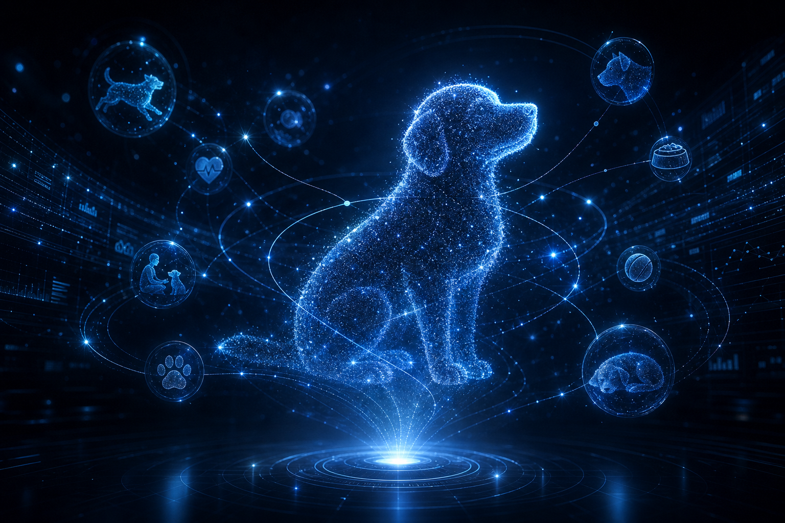 Futuristic particle cloud forming a pet digital life archive
