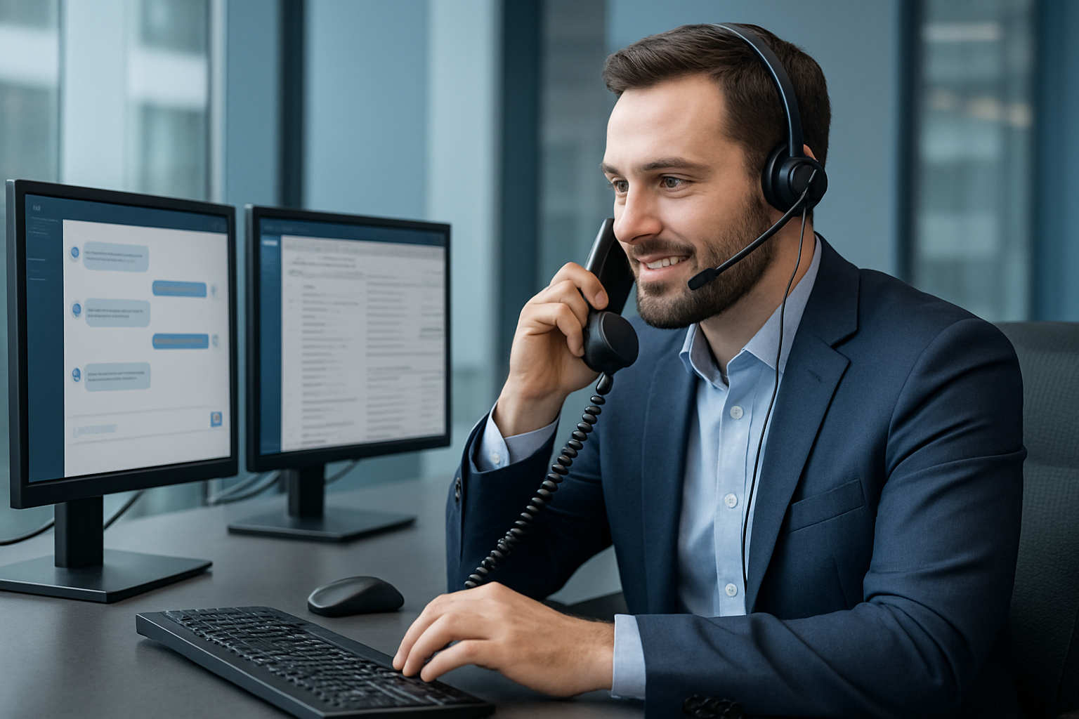 Ejecutivo de contact center atendiendo clientes empresariales por teléfono y chat, en ambiente moderno corporativo