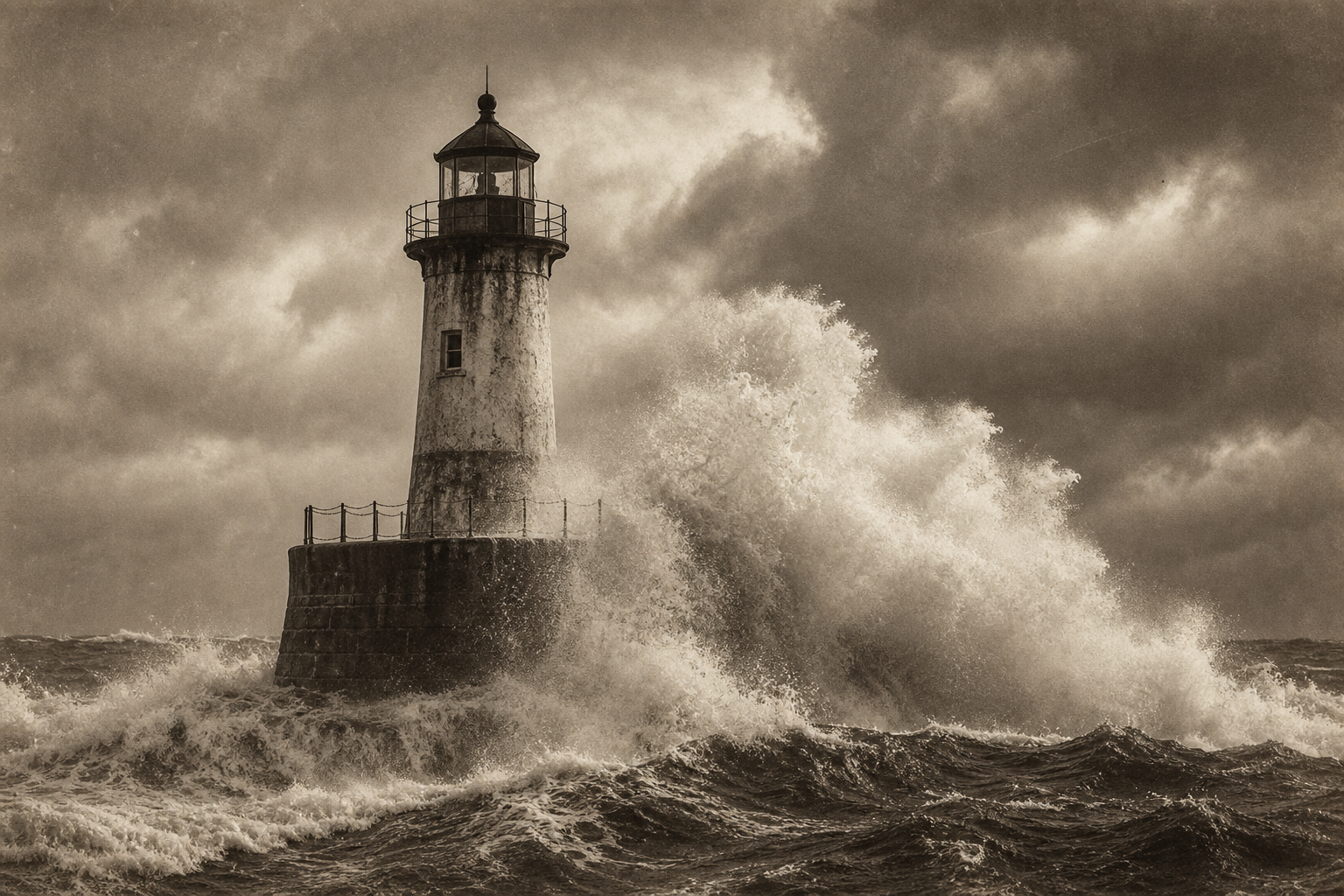 Supporting archival photograph of a coastal storm striking the beacon