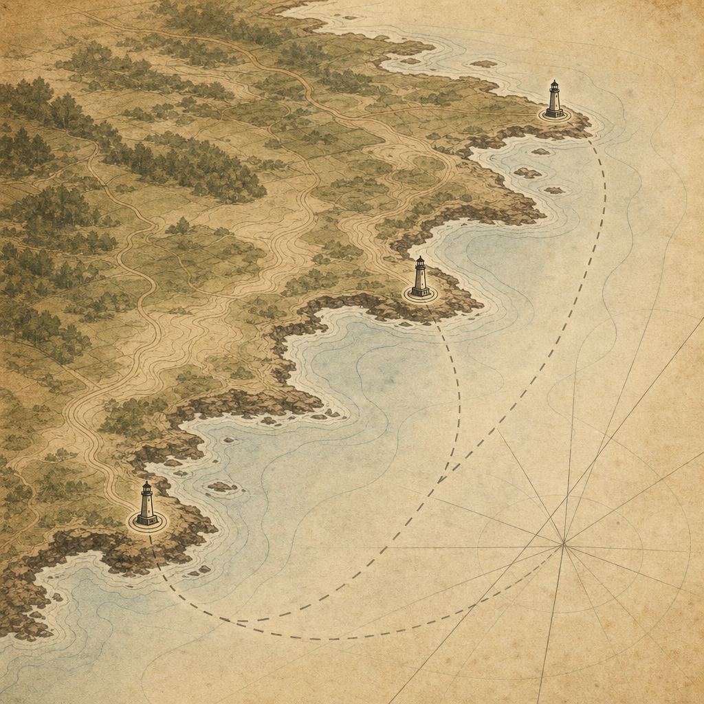Simplified northern coastline chart with lighthouse markers