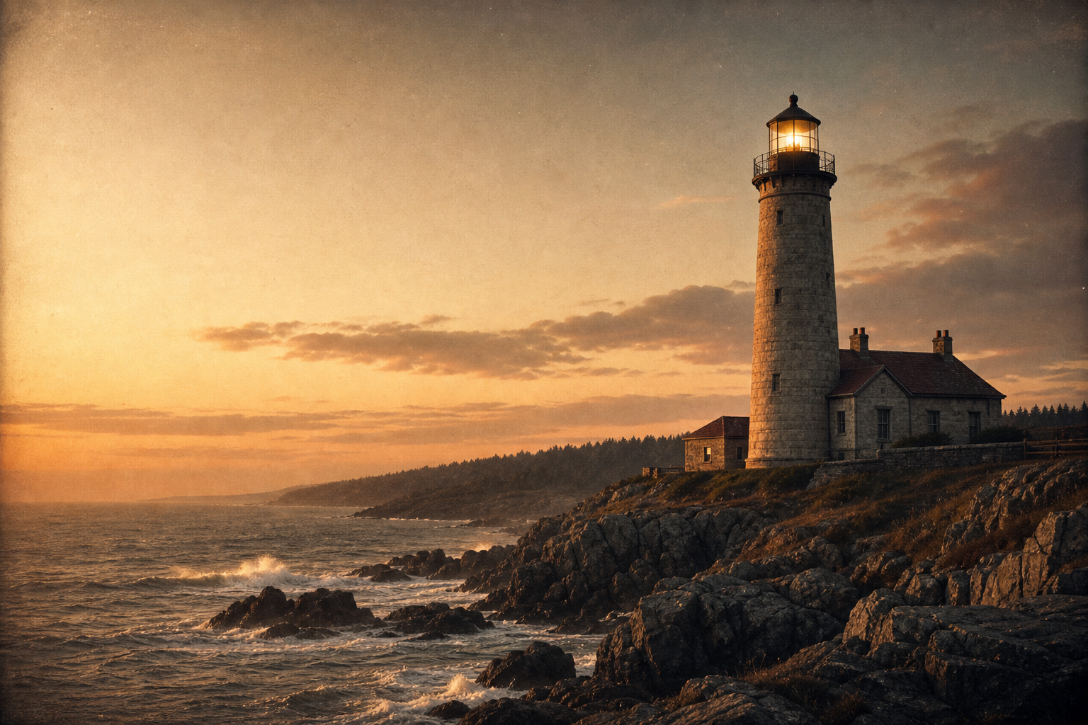 Historic lighthouse on a rugged northern shoreline at dusk with warm atmospheric light