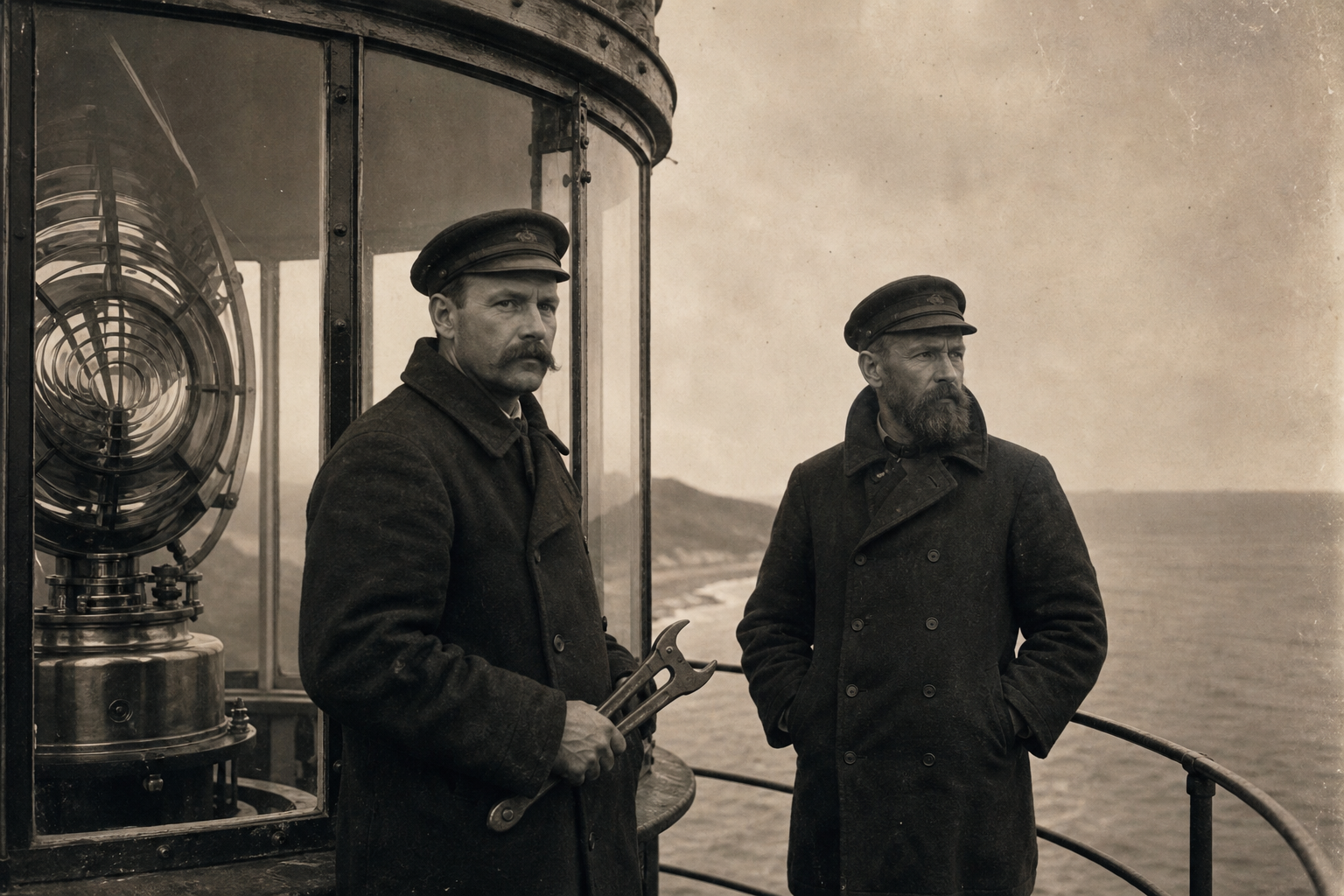 Supporting archival photograph of keepers standing near the lantern room