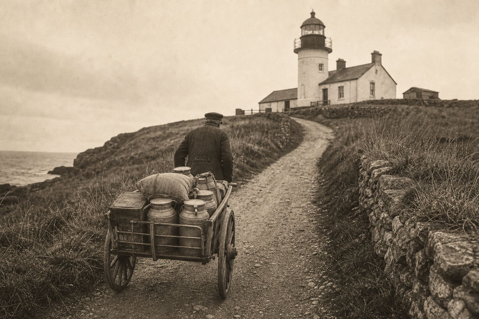 Supporting archival photograph of a lighthouse path with a supply cart