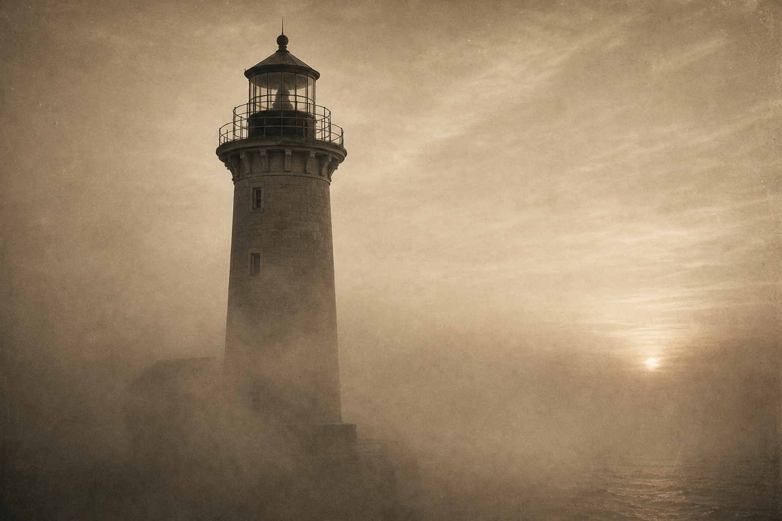 Lead archival photograph of a lighthouse tower emerging through sea fog