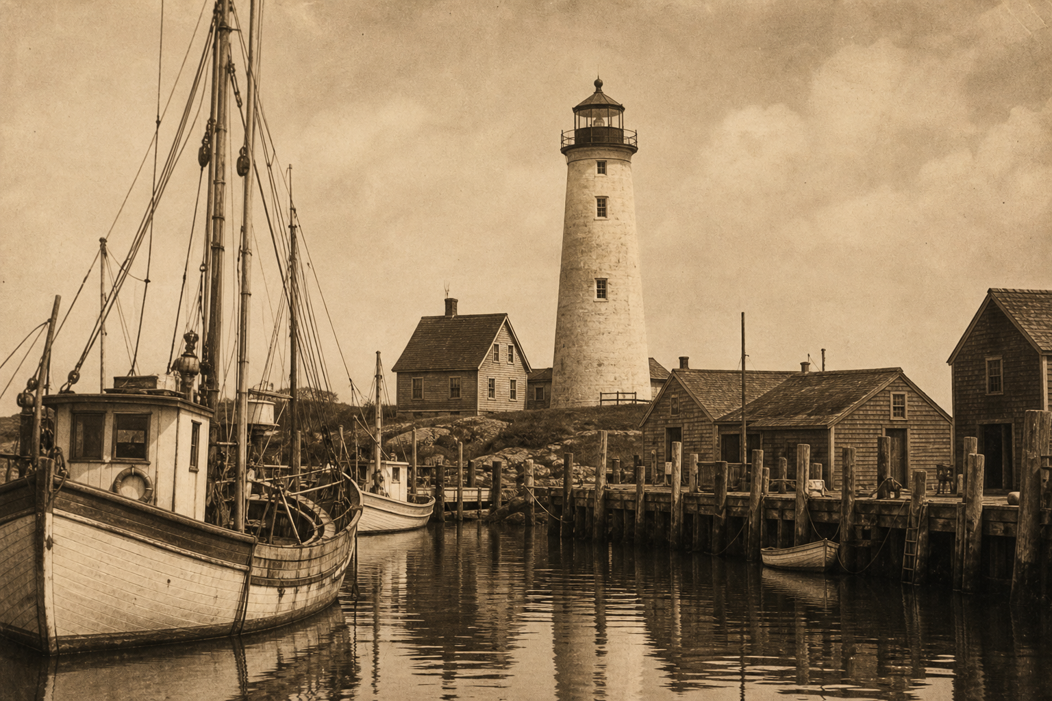 Supporting archival photograph of a preserved tower seen from the harbor
