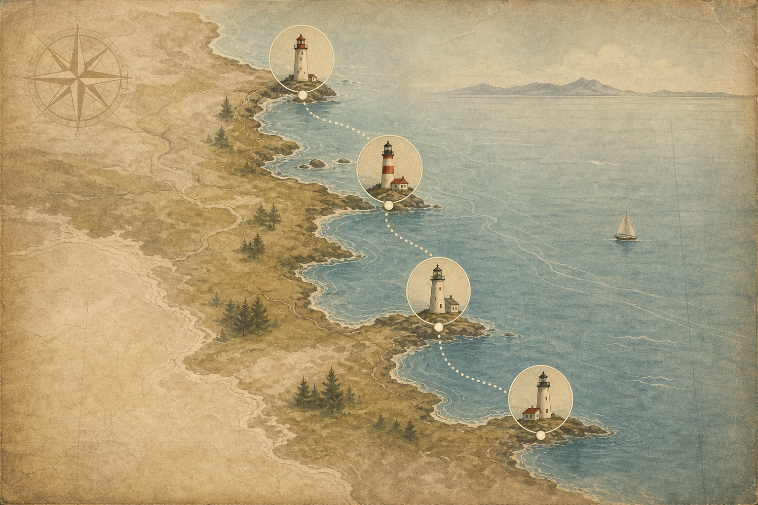 Stylized northern coast preservation map with four lighthouse markers connected along the shoreline