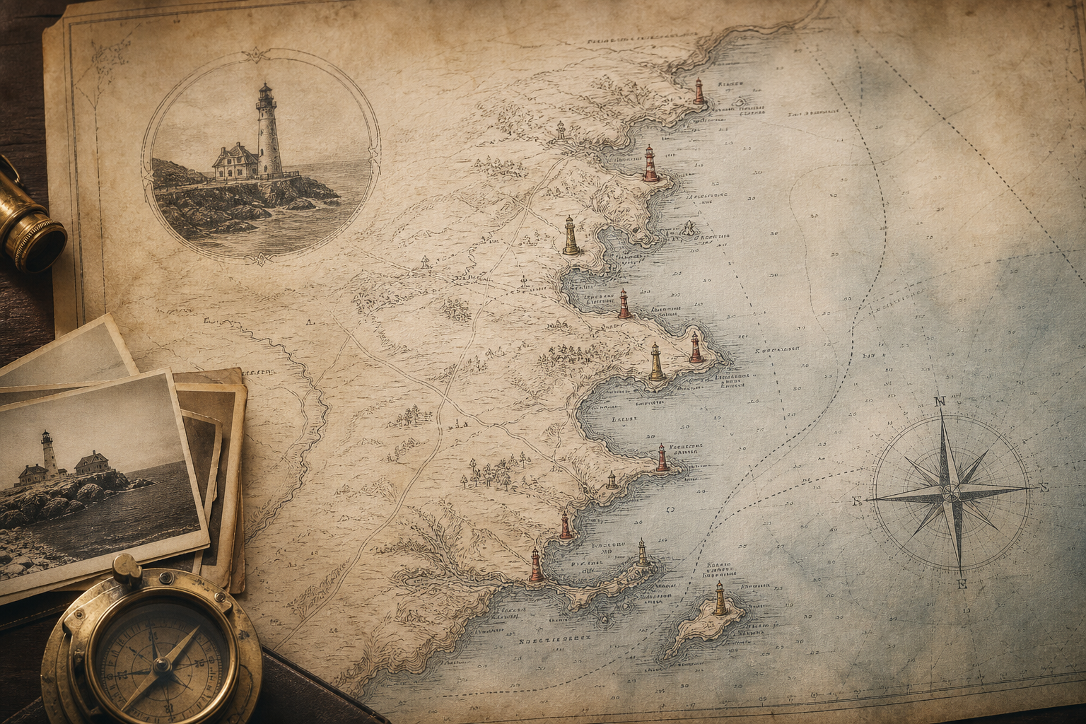 Decorative archival-style coastal map panel with shoreline contour lines, lighthouse location markers, and warm paper texture