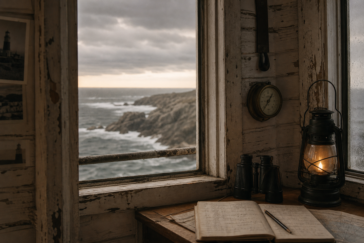 Weathered lighthouse interior window framing a grey coastal horizon during a quiet watch