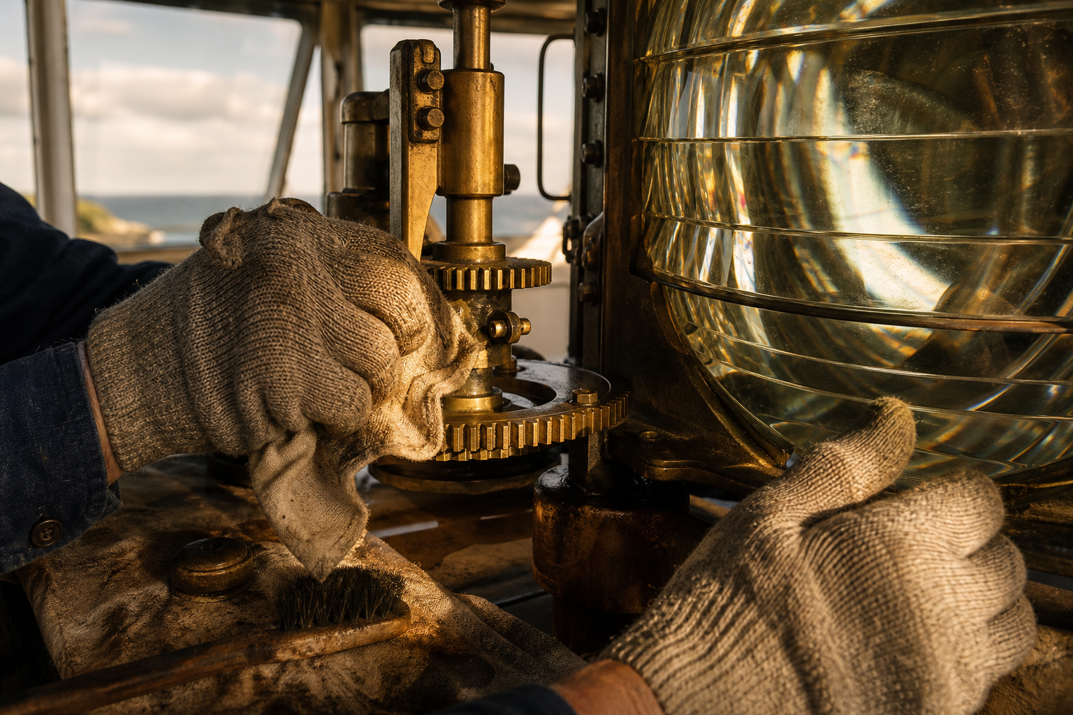 Close documentary view of gloved hands polishing brass lantern-room gears and glass
