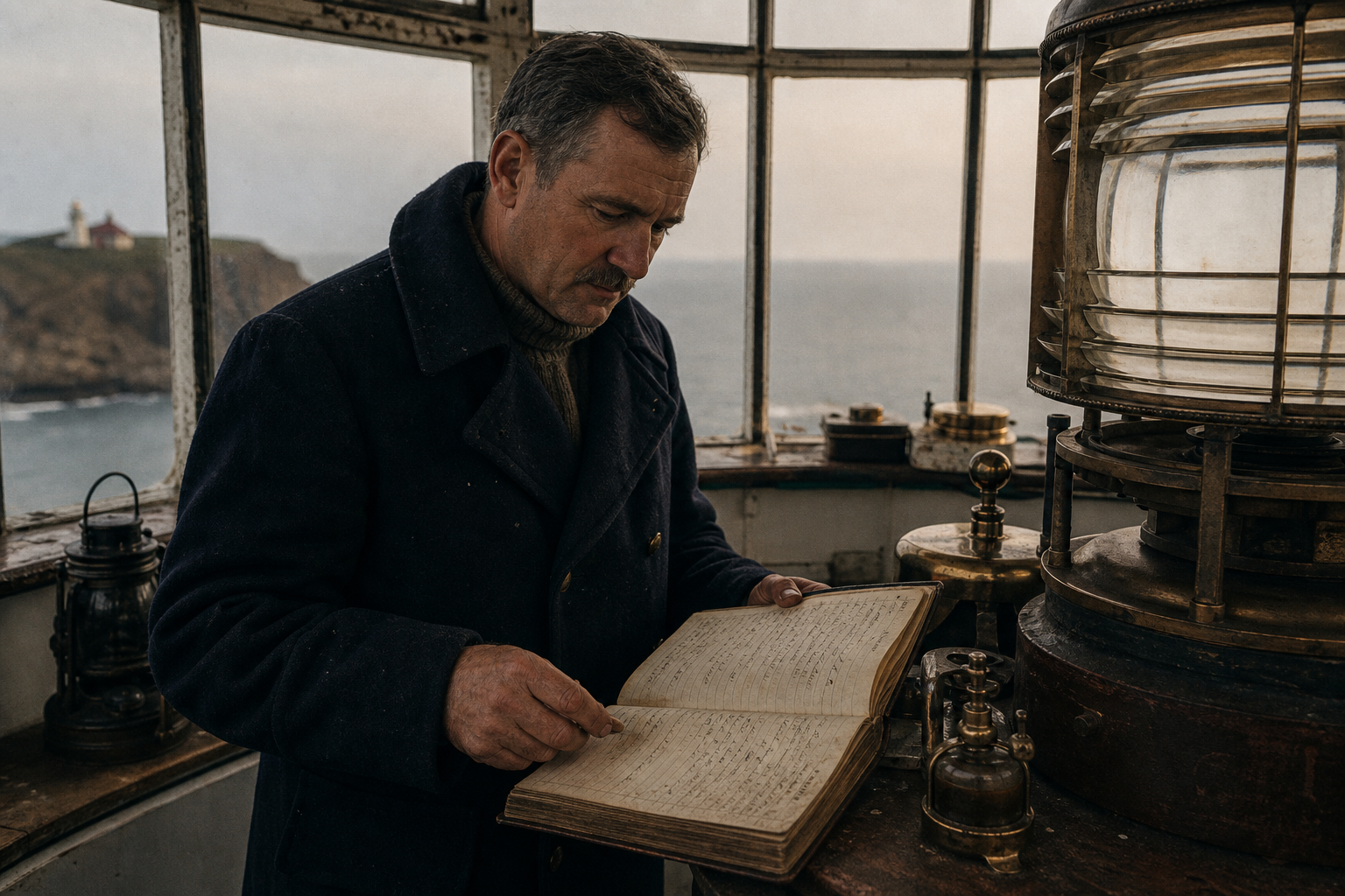 Middle-aged lighthouse keeper in a wool coat reviewing a weathered logbook beside lantern equipment