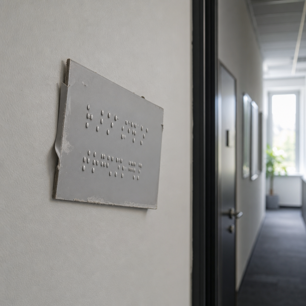 Braille door sign mounted on a brushed metal door, close-up showing raised dots and engraved numbers in a clean industrial setting