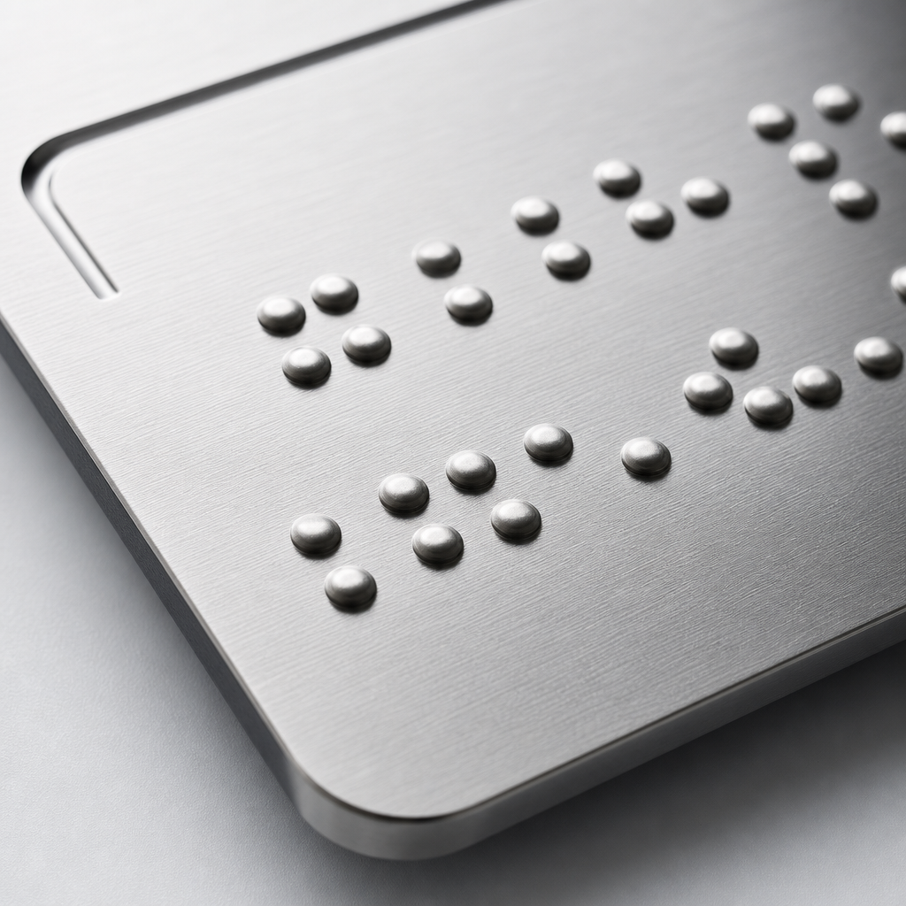 Makro zdjęcie wytłaczanych punktów Braille’a w stalowej lub aluminiowej płytce