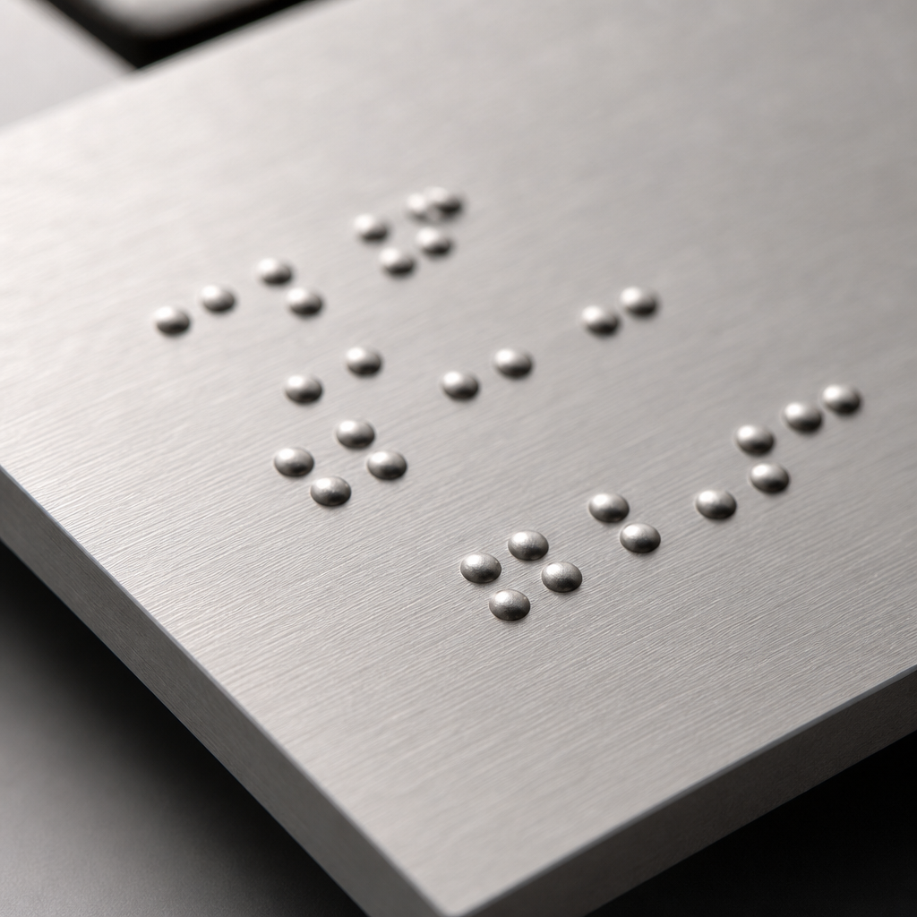 Close-up of embossed Braille dots pressed into brushed aluminium signage.