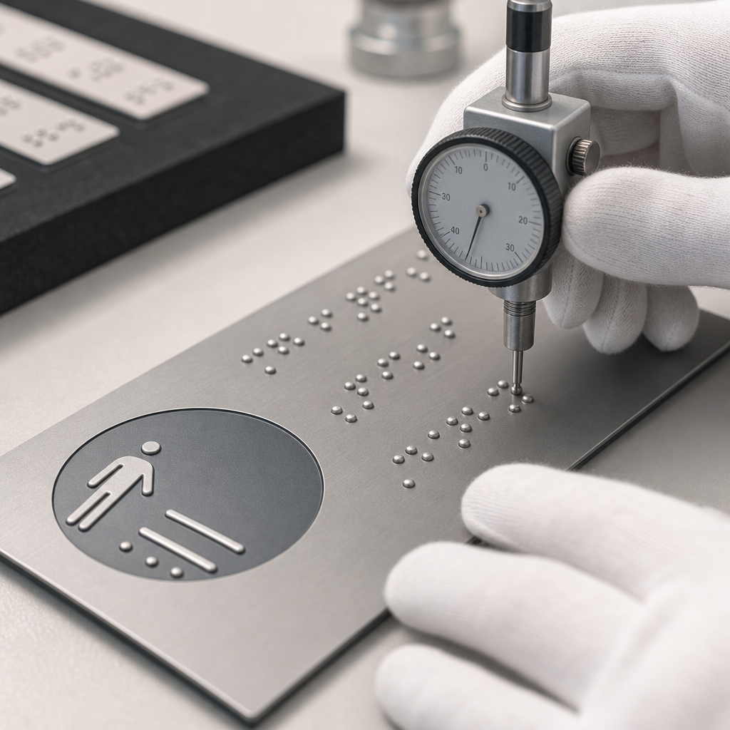 Technician inspecting Braille dots with measurement tools on a tactile plate.