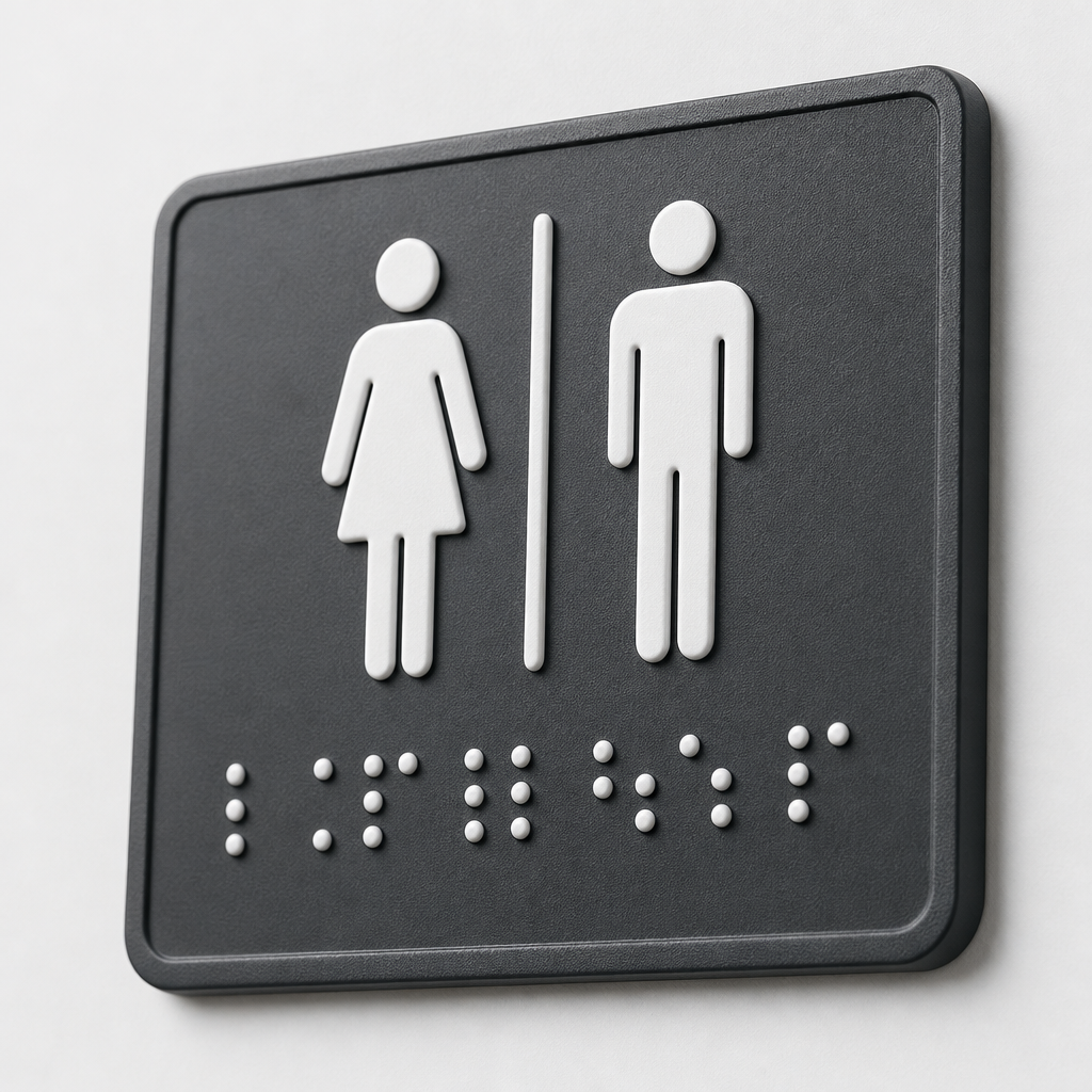 Tabliczka drzwiowa z tworzywa, piktogramem toalety i punktami Braille'a