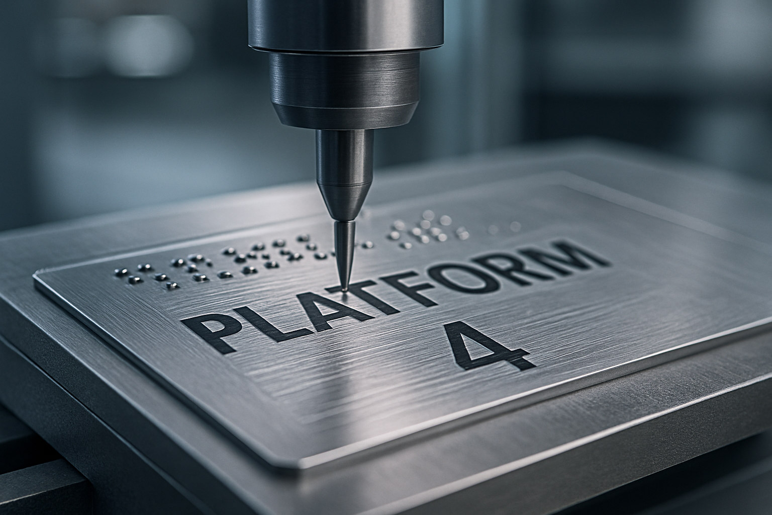 Precision CNC engraving head machining a metal signage panel with fine tool paths