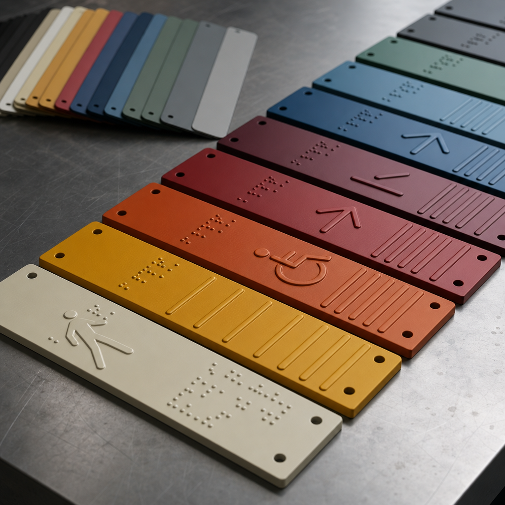 Selection of tactile signage plates in different custom RAL color samples.