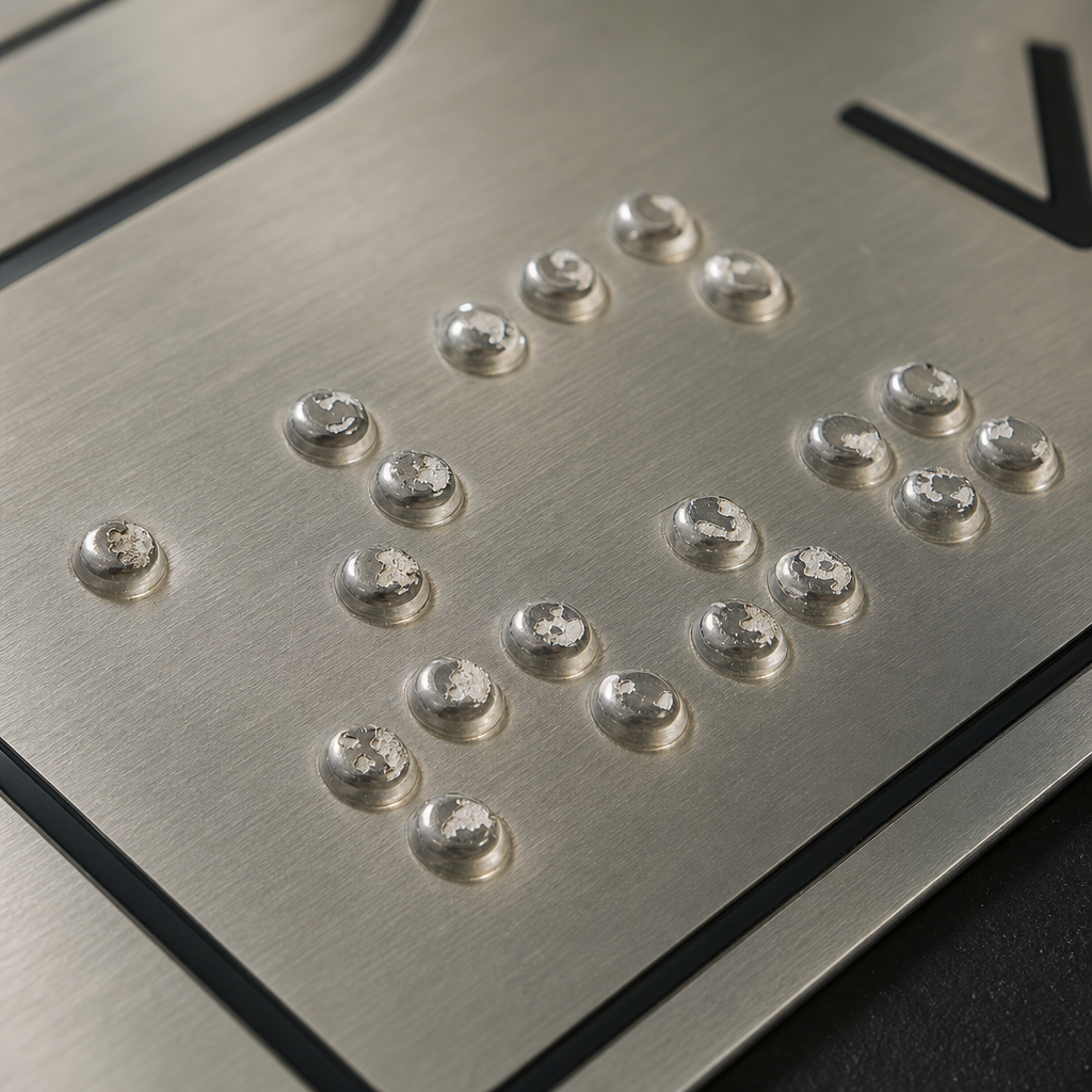 Close-up of worn resin Braille dots on a public sign panel