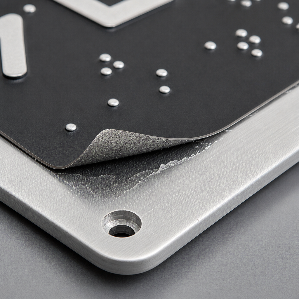 Detail of delaminated tactile film edge on a metal wayfinding plate