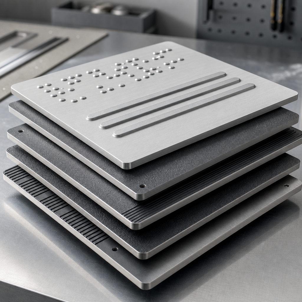 Stack of metal tactile plates showing textured, scratch-resistant surface finishes.
