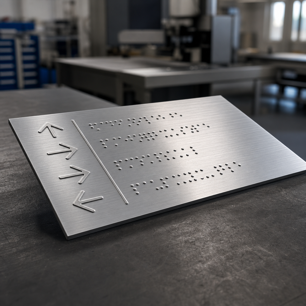 Brushed aluminum directional sign with embossed arrows and tactile lettering on a workshop table
