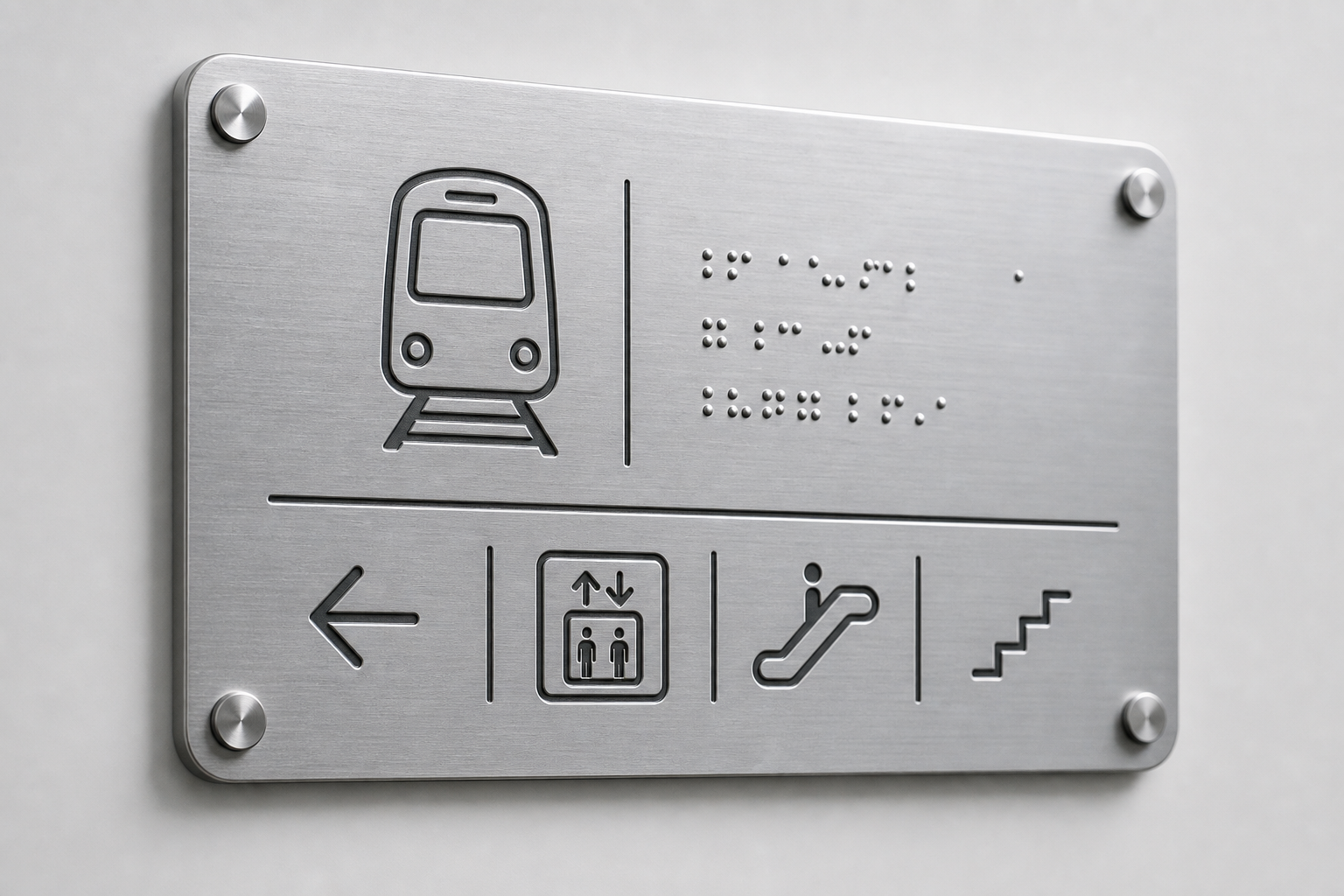 Brushed aluminum tactile station plate with raised Braille and engraved pictograms
